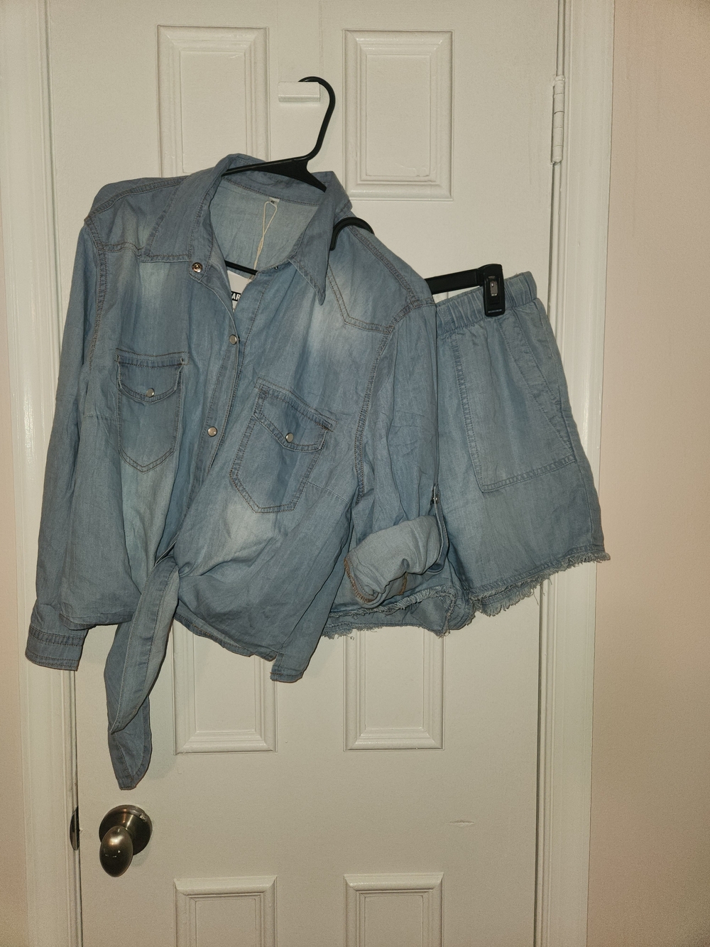 Light Blue Denim Shirt & Drawstring Shorts Set - Women Jeans